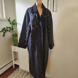 Newport News Easy Style Womens XL Long Coat Blue Gray Floral Applique Duster